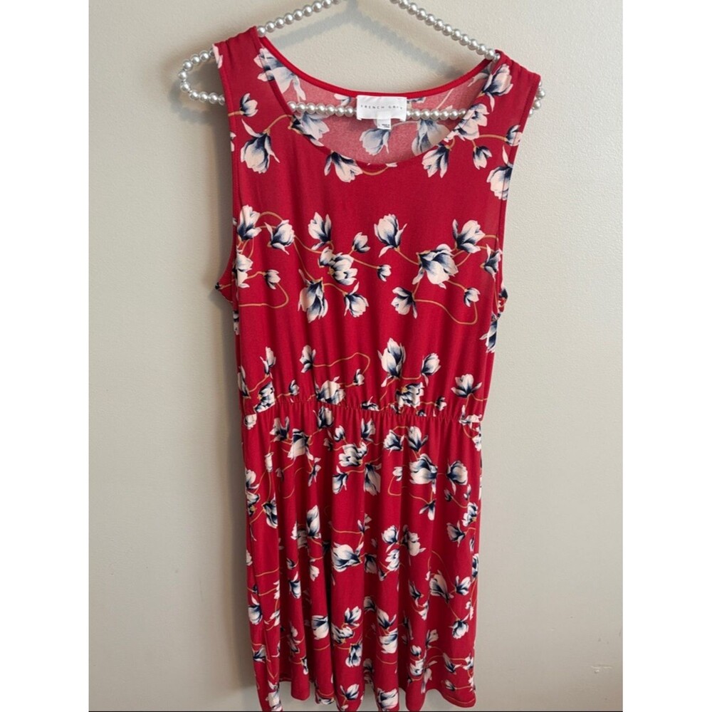 French Grey Red Floral Elastic-Waist Sleeveless Dress size large